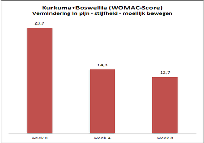 Figuur. Gemiddelde score voor pijn en stijfheid na 0 – 4 – 8 weken gebruik van de kurkuma met boswellia.(3) ad_nutrim-Afbeelding6.png